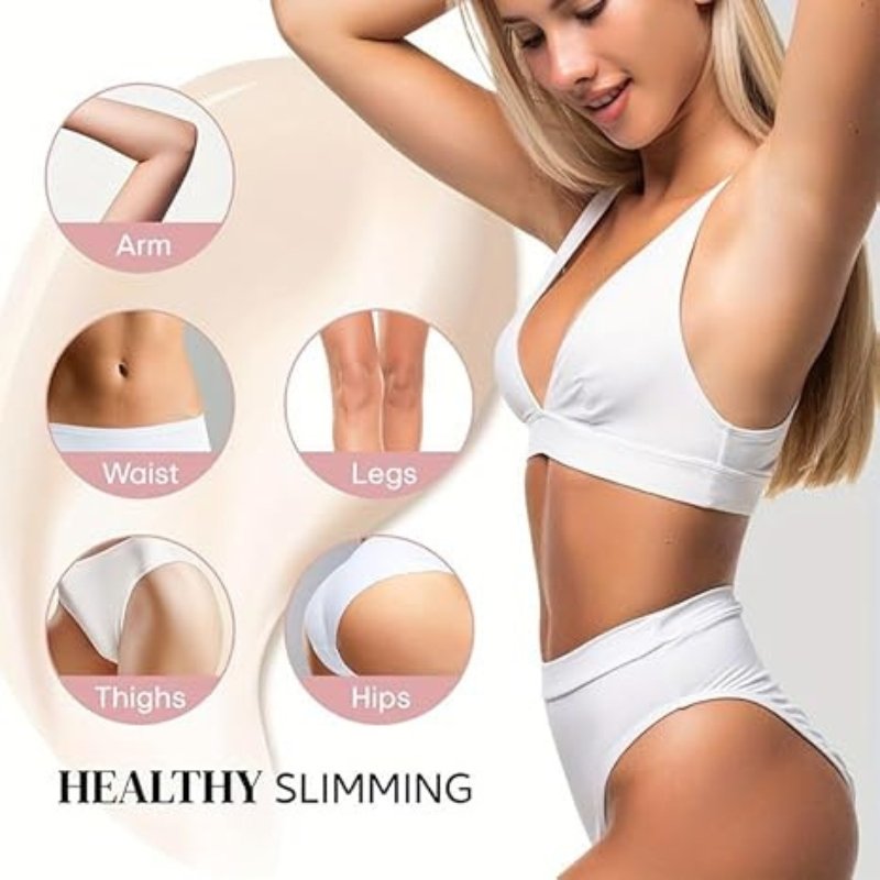 Illustration of body zones (arms, waist, hips) targeted by Sadoer Cream.