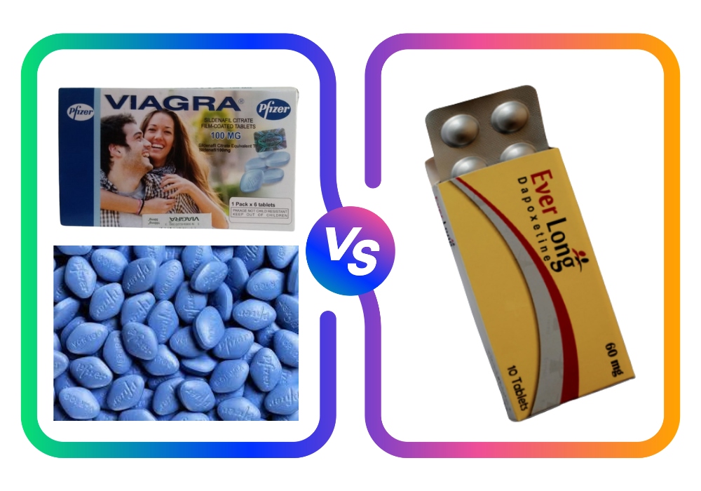 Side-by-side comparison of Viagra 100mg and Everlong Tablets for male timing and erection issues