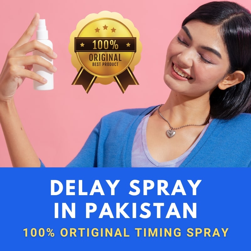 Woman holding a delay spray bottle for men in Pakistan to help control release and last longer