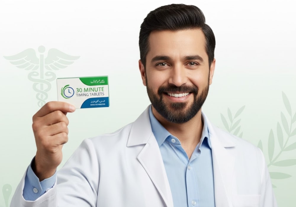 30 Minute Timing Tablets in Pakistan – Improve Sexual Stamina Confident Pakistani man holding timing tablets for better sexual performance and stamina