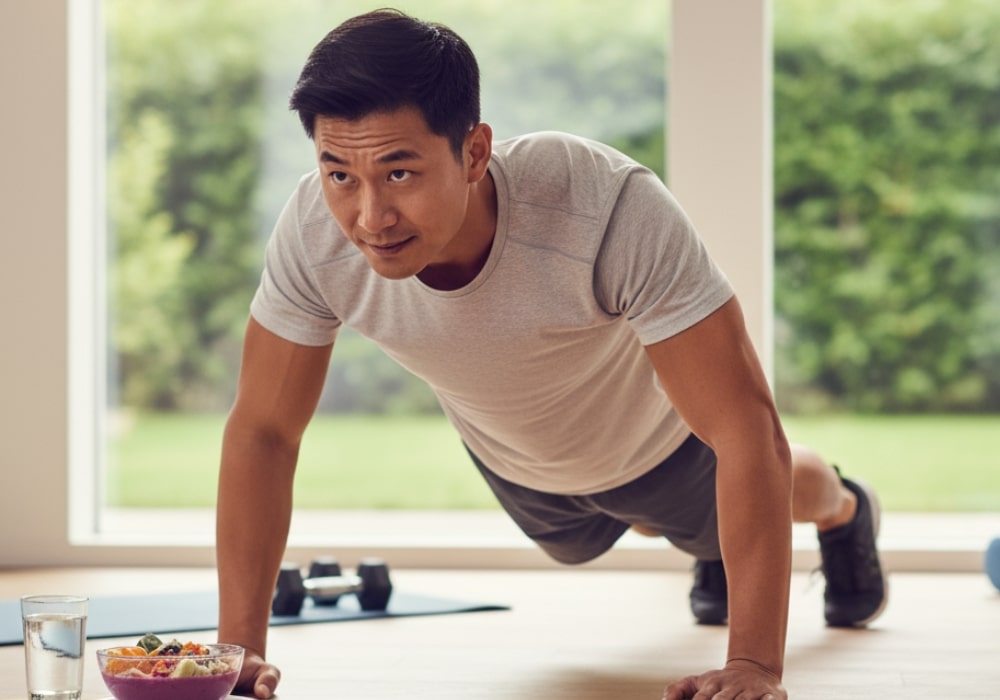 Healthy man exercising or eating balanced food. Healthy man exercising or eating balanced food