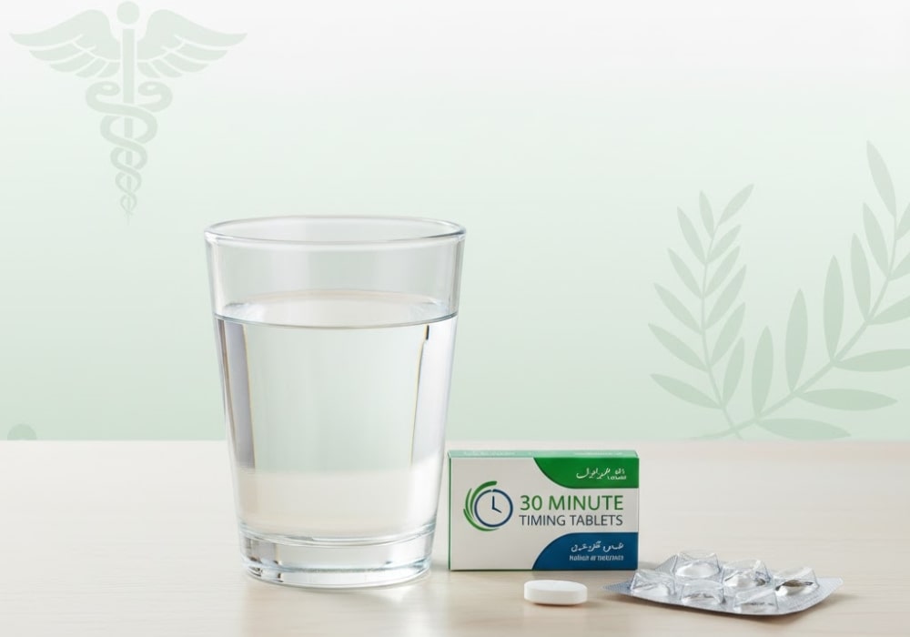 How to Use Timing Tablets Correctly in Pakistan Glass of water with a timing tablet beside it, showing proper usage