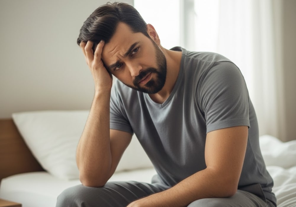 Pakistani man looking concerned, highlighting possible side effects of timing tablets