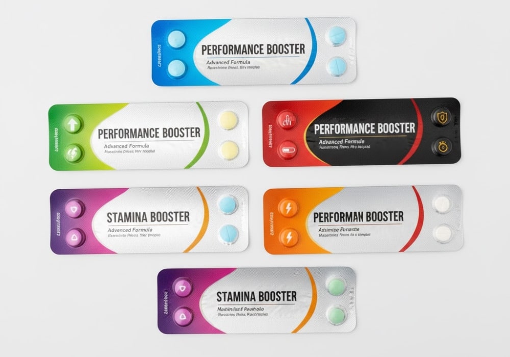 Five different timing tablet blister packs arranged neatly on a white surface