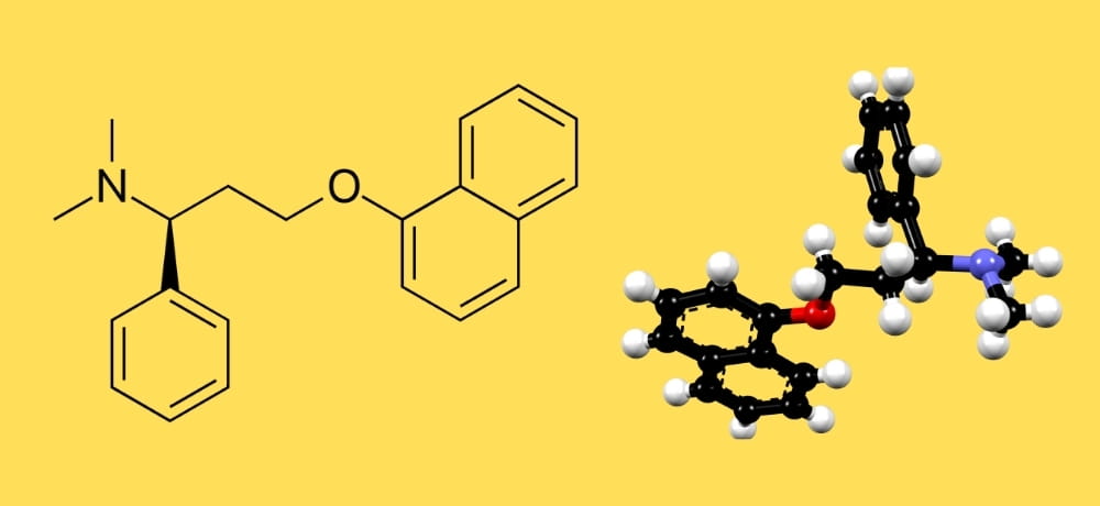 Dapoxetine ka 3D ball-and-stick molecular model jisme carbon (black), hydrogen (white), nitrogen (blue), aur oxygen (red) atoms dikhaye gaye hain.