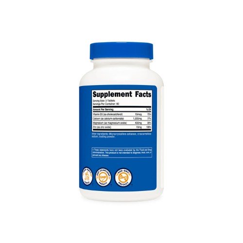 Back side label of Nutricost Calcium Magnesium Zinc tablets showing supplement facts and directions