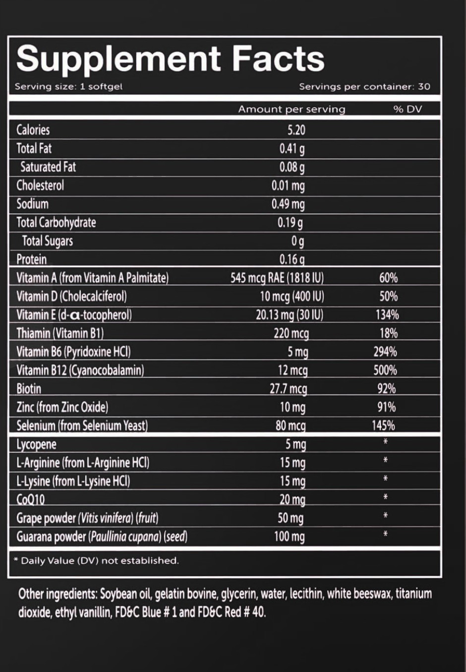Supplement Facts for Vivioptal Softgels Supplement facts label for Vivioptal softgels, listing essential vitamins, minerals, CoQ10, and herbal ingredients.
