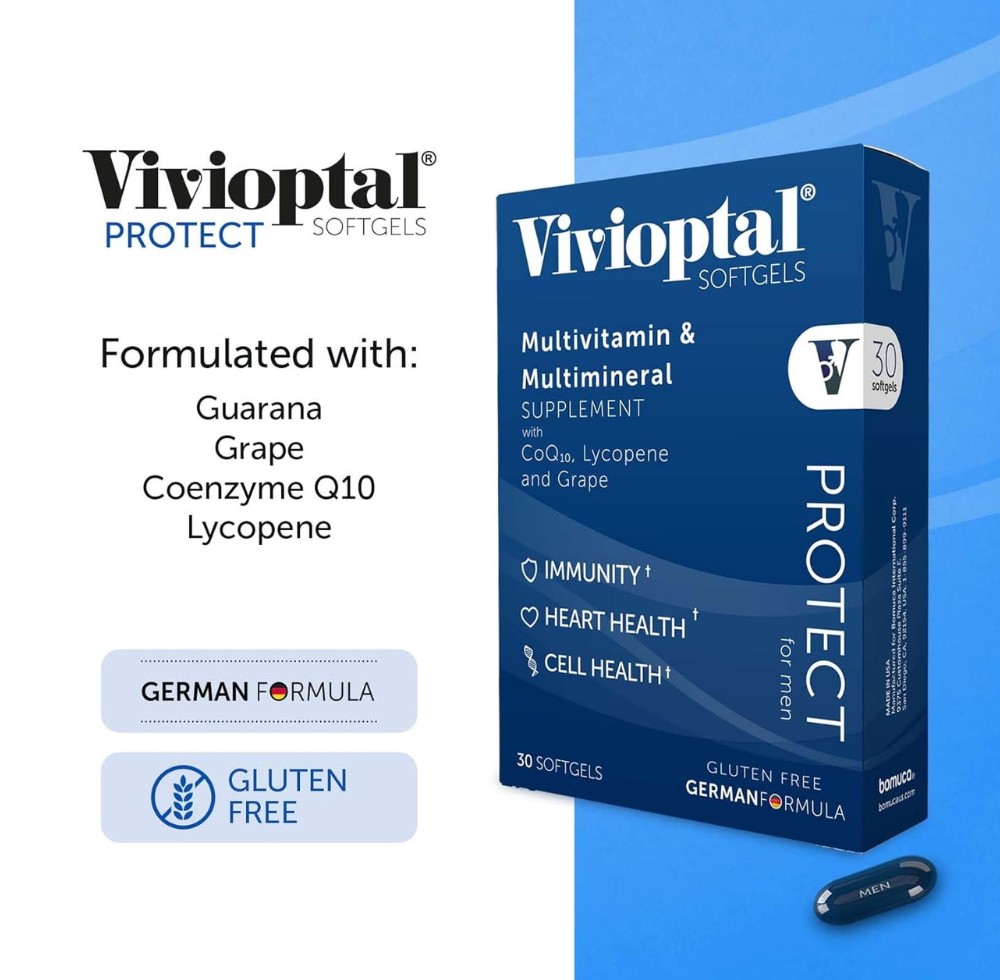 Vivioptal Protect Multivitamin for Men Vivioptal Protect softgels multivitamin and multimineral supplement formulated with Guarana, Grape, CoQ10, and Lycopene.