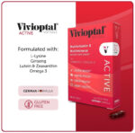 Vivioptal Active softgels supplement box highlighting key ingredients like L-Lysine, Ginseng, Lutein, Zeaxanthin, and Omega 3.