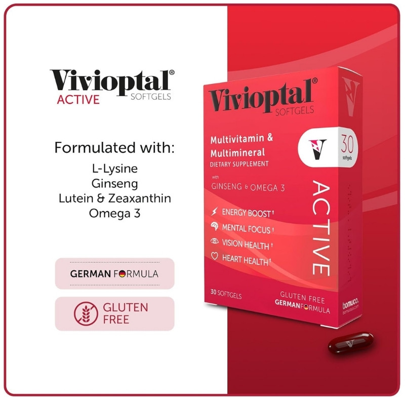 Vivioptal Active softgels supplement box highlighting key ingredients like L-Lysine, Ginseng, Lutein, Zeaxanthin, and Omega 3.