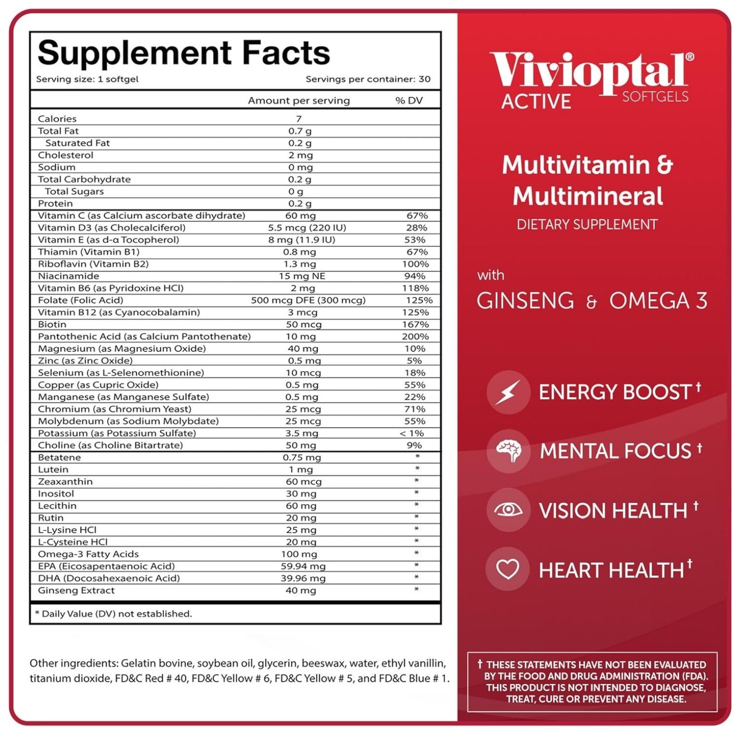 Supplement facts label for Vivioptal Active showing vitamins, minerals, and other active ingredients per softgel.
