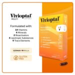 Vivioptal Multi softgels supplement box highlighting 14 vitamins, 4 minerals, bioactivators, lipotropic substances, and trace elements.