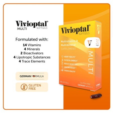 Vivioptal Multi softgels supplement box highlighting 14 vitamins, 4 minerals, bioactivators, lipotropic substances, and trace elements.