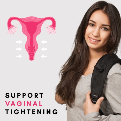 Vaginal tightening guide showing causes, pelvic floor exercises, and intimate care options