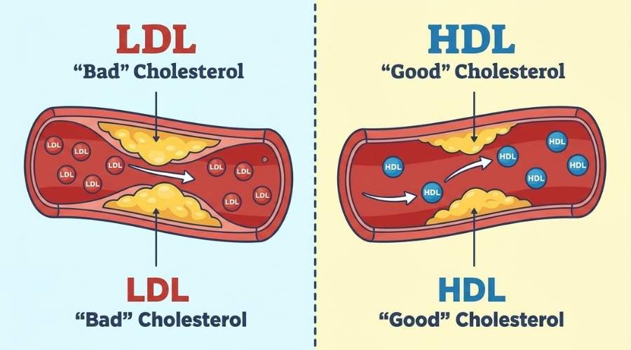 Difference Between Bad (LDL) and Good (HDL) Cholesterol Infographic comparing LDL bad cholesterol, which causes plaque buildup in an artery, with HDL good cholesterol that helps maintain healthy blood flow.