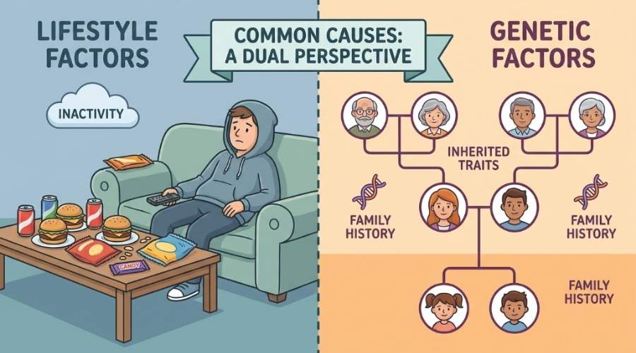 Lifestyle vs Genetic Factors Infographic Infographic comparing common health causes, split between lifestyle factors like inactivity and poor diet, and genetic factors showing a family tree and inherited traits.