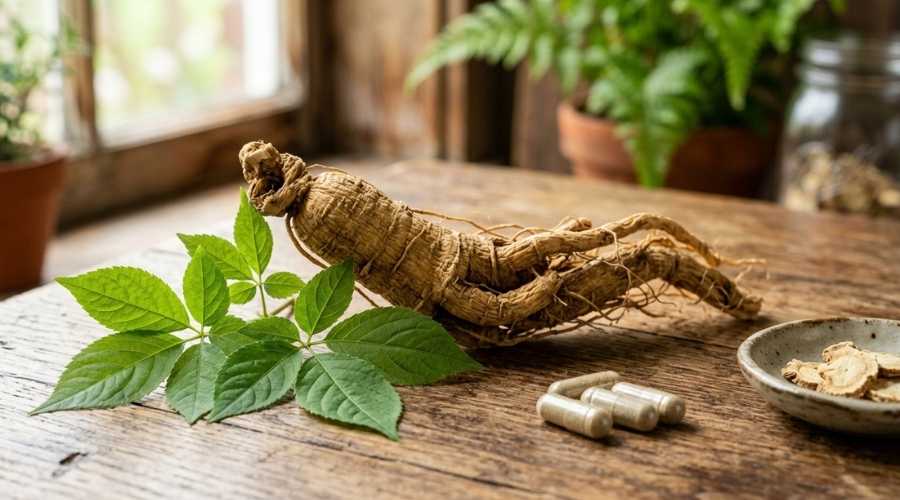 Fresh Ginseng root and supplement capsules on a wooden table Fresh Ginseng root and supplement capsules on a wooden table