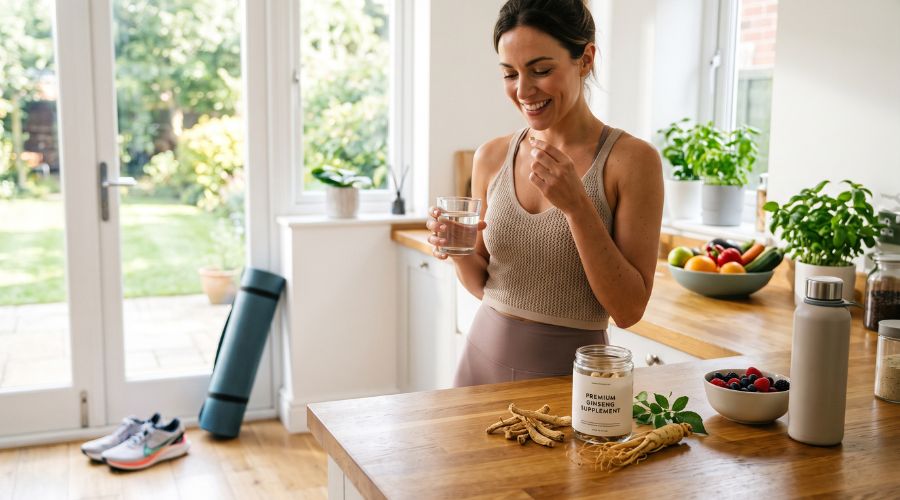 Modern healthcare concept showing ginseng supplements and a healthy lifestyle