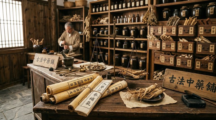 Historical Asian traditional medicine setting with Ginseng roots and old scrolls Historical Asian traditional medicine setting with Ginseng roots and old scrolls