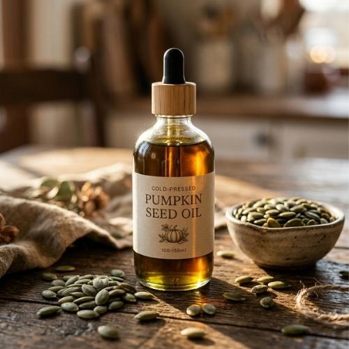 A glass bottle of golden pumpkin seed oil surrounded by fresh green pumpkin seeds on a wooden table