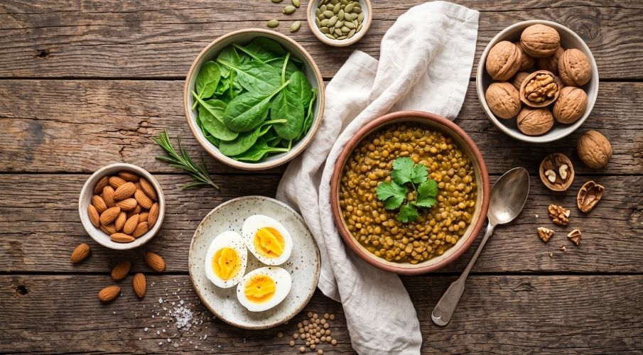 Best Foods for Brain Health in Pakistan Flat lay of healthy brain foods like walnuts, almonds, spinach, eggs, and daal on a wooden table.