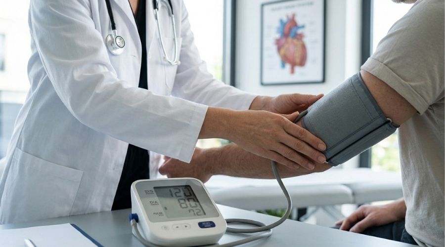 Doctor measuring blood pressure using a digital monitor for hypertension check