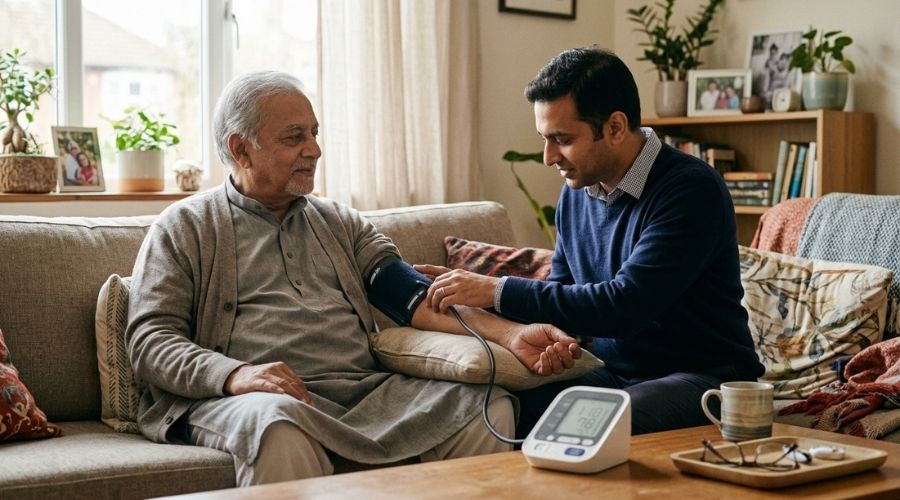 Family caring for an elderly parent by checking blood pressure at home