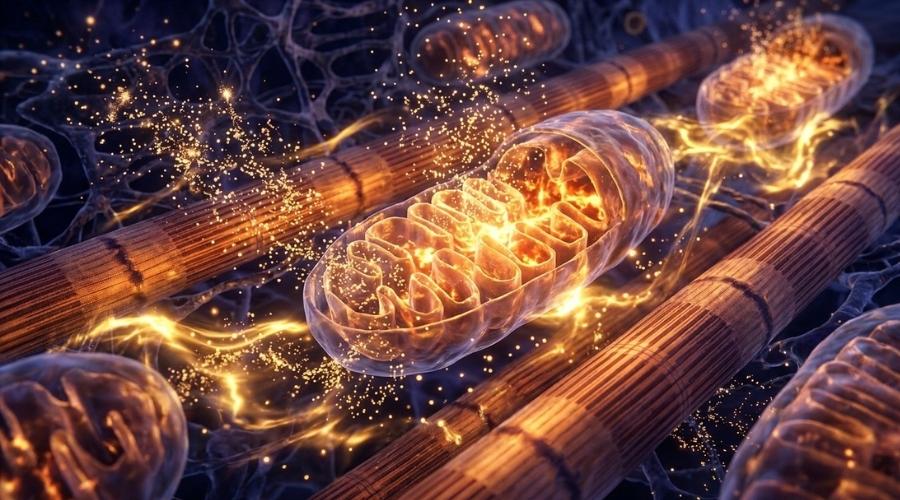 3D rendering of cellular energy and mitochondria function inside heart muscle cells