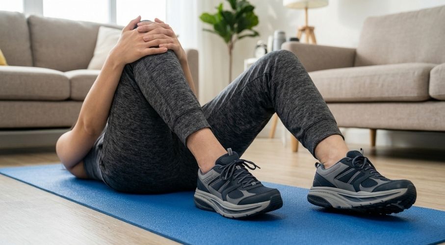Relief Stretch for Stiff Knees and Joints A person lying on a yoga mat pulling both knees towards their chest to improve joint flexibility.