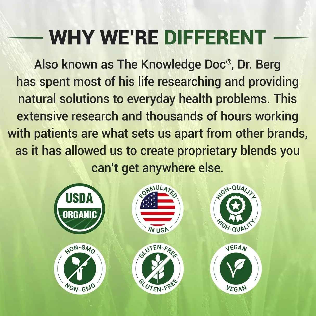 Dr Berg Wheatgrass Brand Ki Khasiyat Aur Certifications Berg Wheatgrass powder ki khasiyaten aur USDA Organic, Non-GMO, Gluten-free badges
