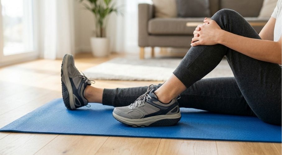 Knee Stretching Exercise for Joint Mobility A person sitting on a blue yoga mat holding their knee to relieve joint stiffness and pain.
