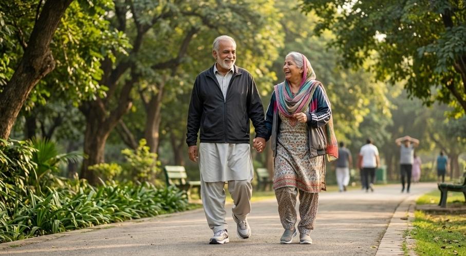 Active Lifestyle and Joint Health for Seniors An active elderly couple walking happily in a park, demonstrating healthy joints and mobility.