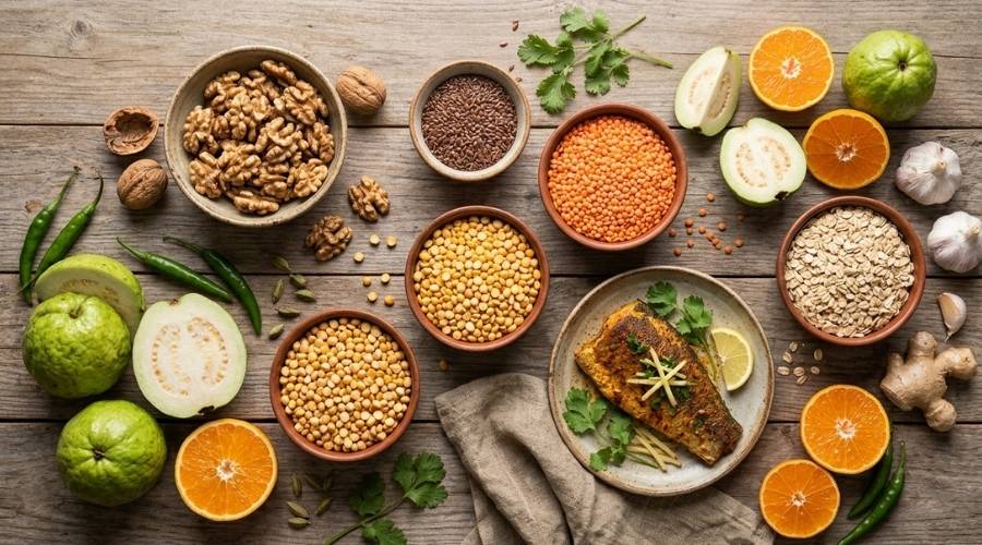 Natural cardiovascular healthy foods in Pakistan including lentils, walnuts, fish, and fruits