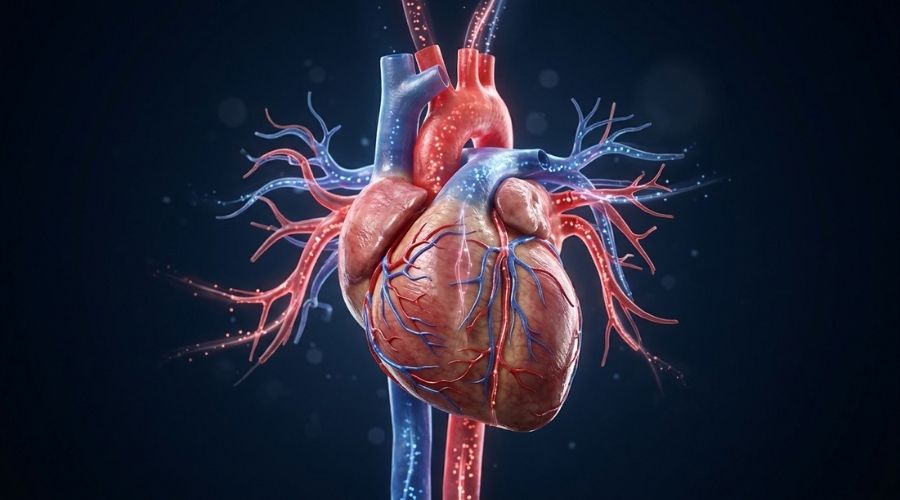 3D illustration of human heart pumping blood through arteries and veins