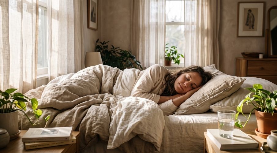 Importance of Sleep for Brain Health A peaceful person sleeping deeply in a cozy bed with soft morning sunlight.