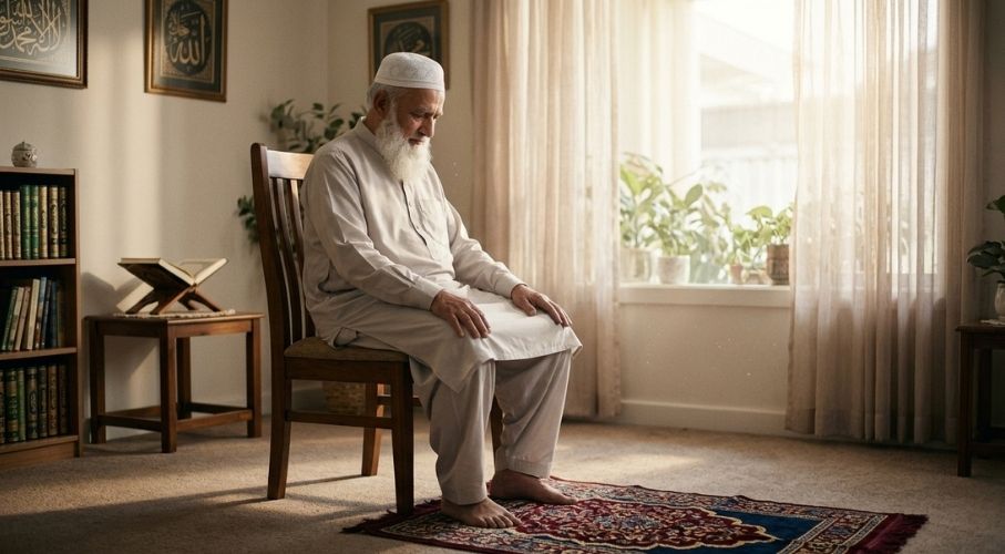 Offering Namaz Comfortably with Joint Pain An elderly Muslim man offering Namaz while sitting on a chair due to knee pain.