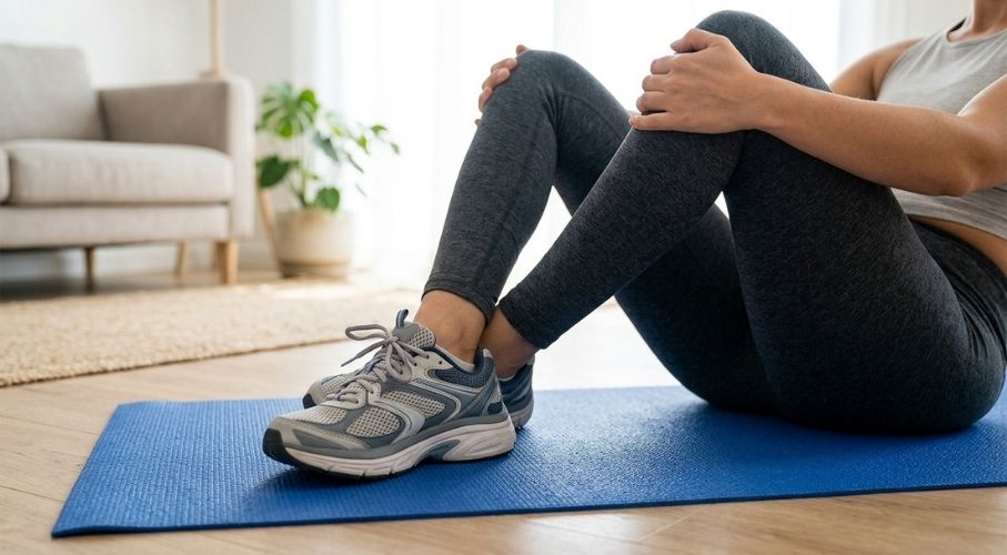 Supporting Knee Joints and Leg Muscles Close-up of a person holding their bent knee while sitting on an exercise mat.