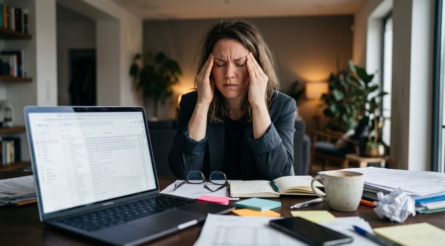 Mental Fatigue and Brain Fog Symptoms Stressed professional rubbing temples experiencing brain fog, memory problems, and mental fatigue.