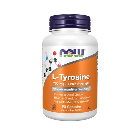 NOW Foods L-Tyrosine 750mg Extra Strength bottle with 90 capsules