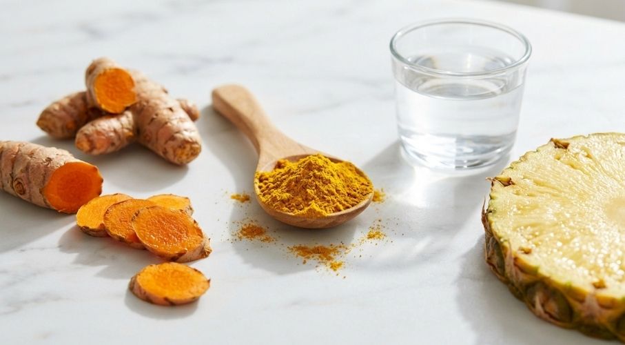 Glucosamine, Turmeric, and Collagen Ingredients Fresh turmeric, curcumin powder, and pineapple representing natural ingredients for joint support.