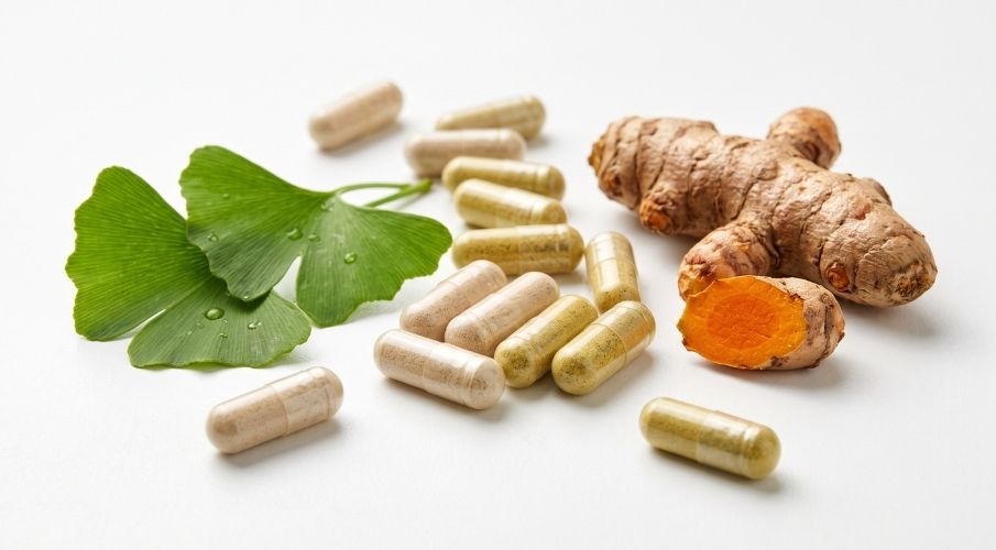 Natural Ingredients in NOW Foods Brain Supplements Dietary supplement capsules next to fresh Ginkgo Biloba leaves and turmeric root.
