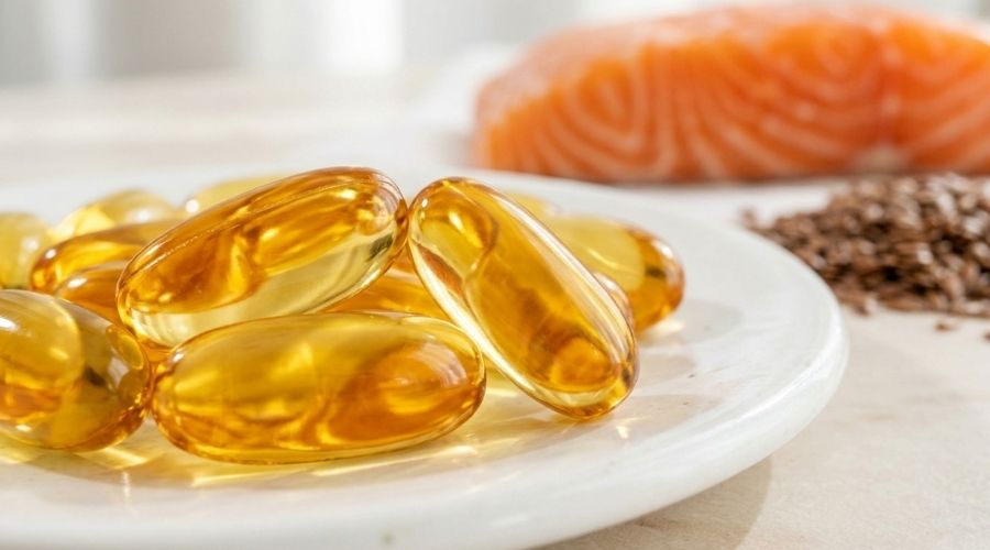 Translucent golden Omega-3 fish oil softgels containing EPA and DHA fatty acids