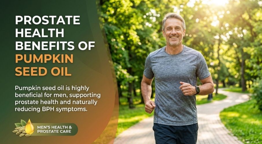 A healthy middle-aged man jogging outdoors in a park, representing good prostate and men's overall health.