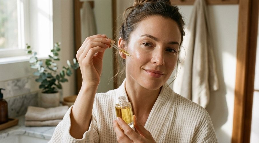 A woman with flawless glowing skin holding a small bottle of natural skin serum or oil.