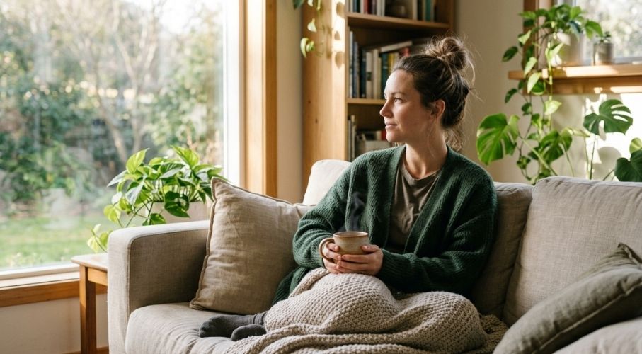 A thoughtful woman relaxing with a cup of tea, representing emotional wellbeing and stress management.