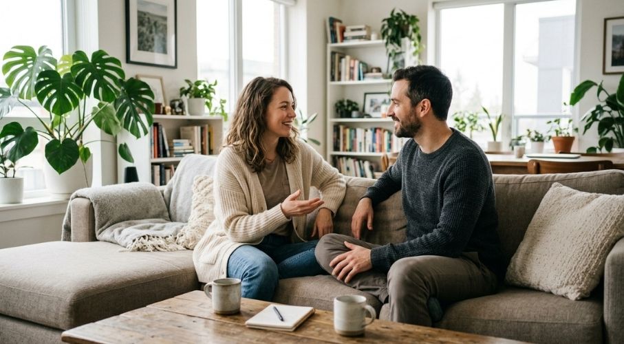 A smiling couple having a healthy and open conversation in their living room.