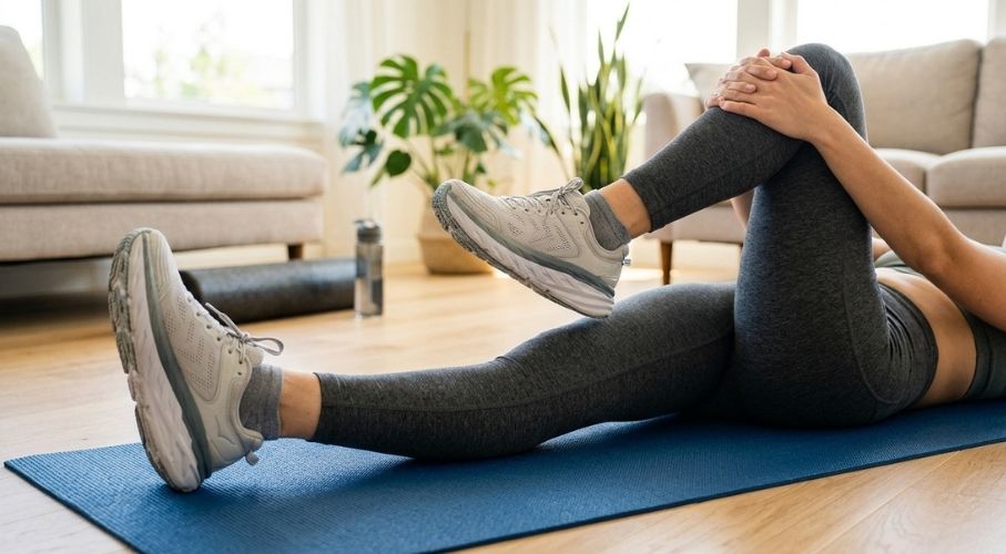 Daily Exercise Habit for Knee Comfort A person lying on a mat stretching one knee towards their chest while keeping the other leg straight.