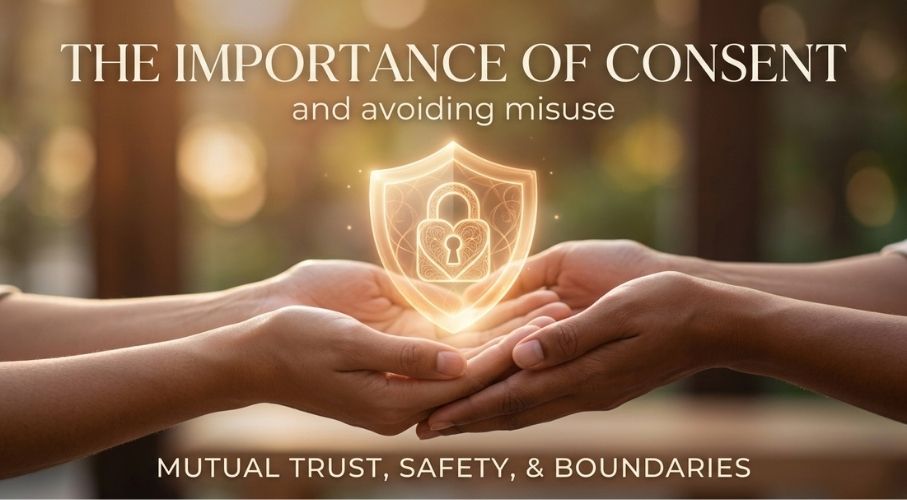 Two hands holding a protective symbol representing trust, safety, and mutual consent.
